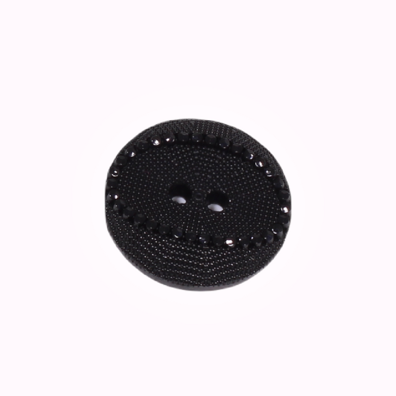 Black, decorative button with 2 holes