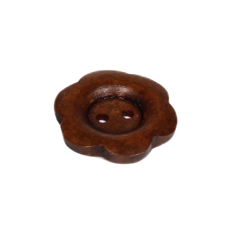 Brown flower shaped wooden button with 2 holes